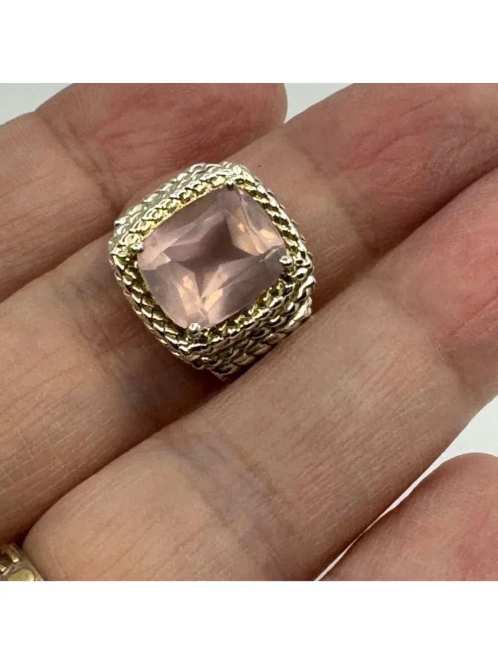 Rose Quartz Prong Set Ring Two Tone 925 Sterling Silver Size 8